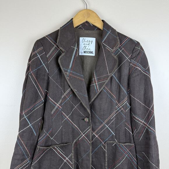 Moschino Cheap and Chic Women’s Blazer Size 6 Linen Stitched Plaid Vintage Boho - Picture 2 of 16